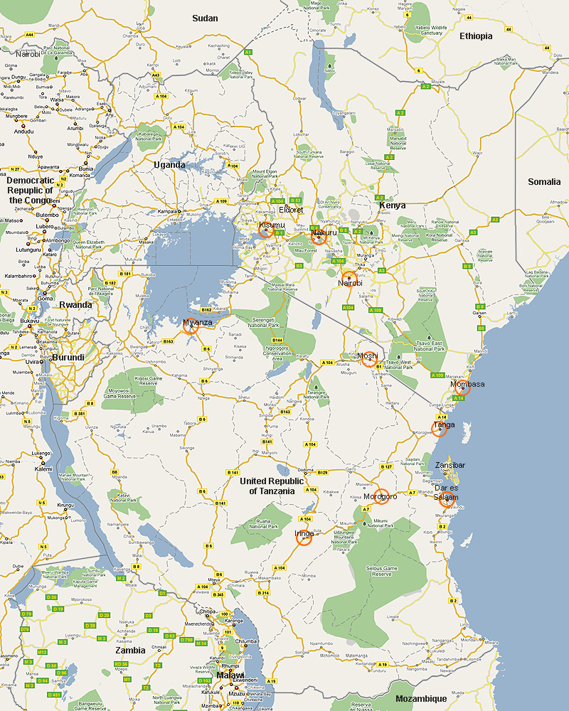map of East Africa Tanzania Kenya Uganda Rwanda Burundi Dar es Salaam Morogoro Iringa Moshi Mwanza Tanga Nairobi Mombasa Eldoret Kisumu